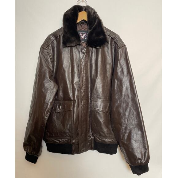 LAG Sports Leather Bomber Jacket - Men's Size 46 - Removable Faux Fur Collar